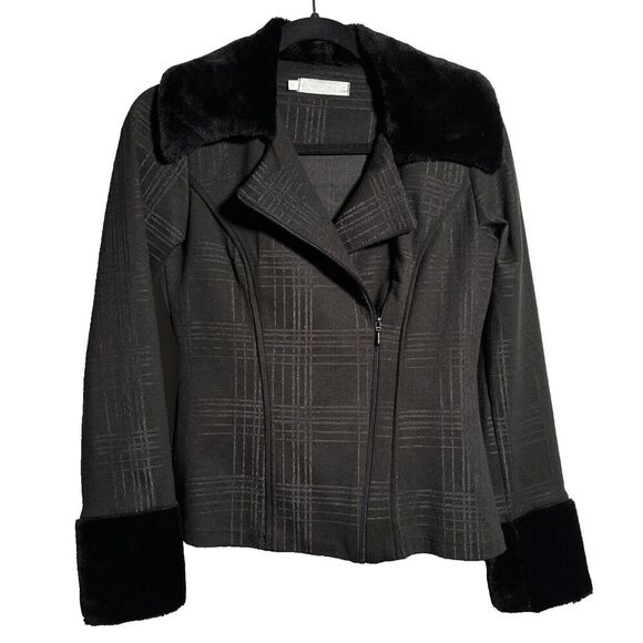 Rayure‎ Paris Fur Trim Jacket Coat Black Plaid Made in France Zip Womens XS SEE - Picture 1 of 9